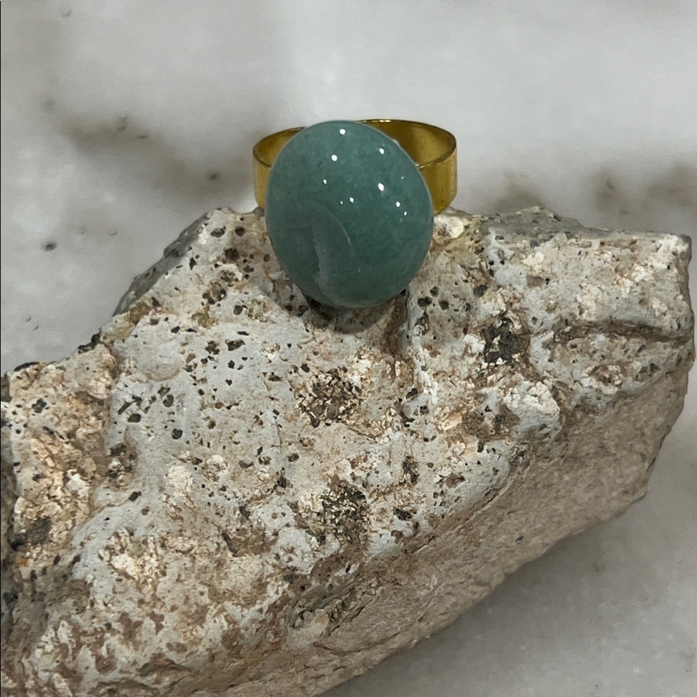 Green Aventurine Stone Ring Adjustable Gold Tone Band Handmade Jewelry